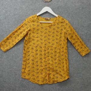 Womens Boho Tunic Top MEDIUM Orange Camel Print Floral Art Button Front AKKRITI